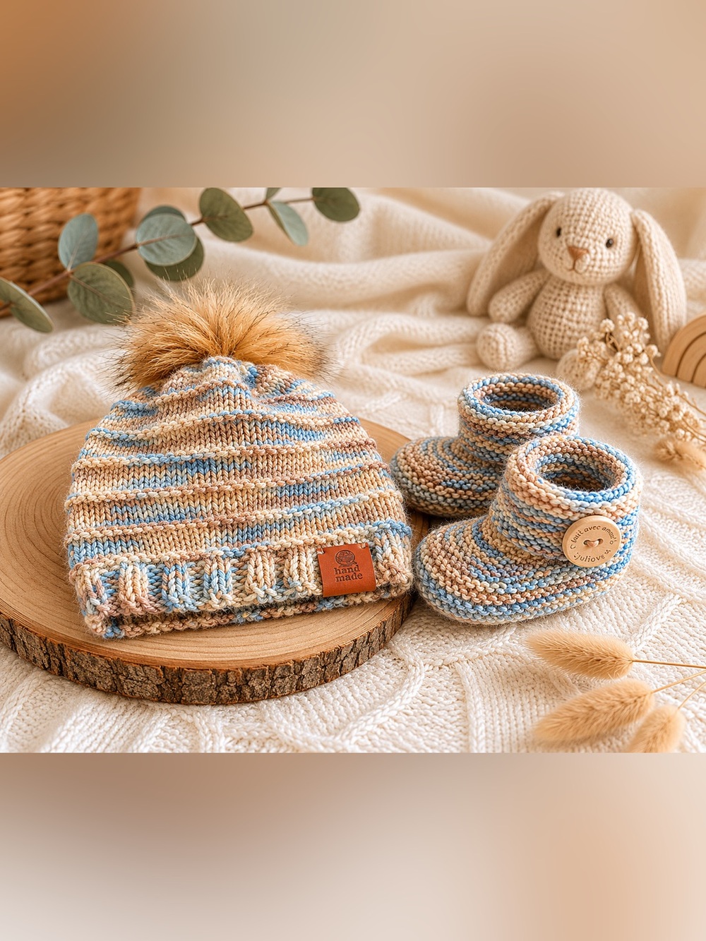 Handmade Knit Baby Beanie & Booties Set - Tan and Light Blue